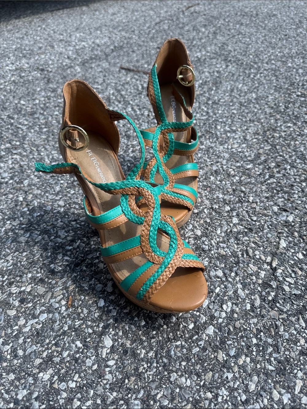 Street Level Tan Wedge Sandals with Teal Braided Straps